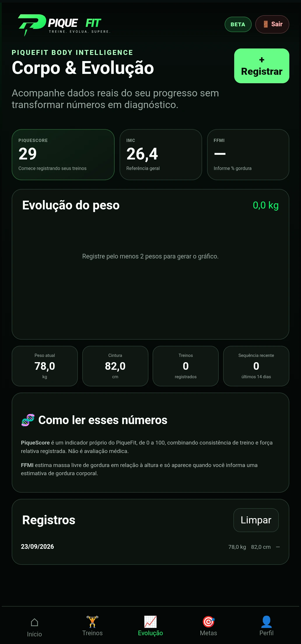 Tela de evolução corporal do Pique Fit