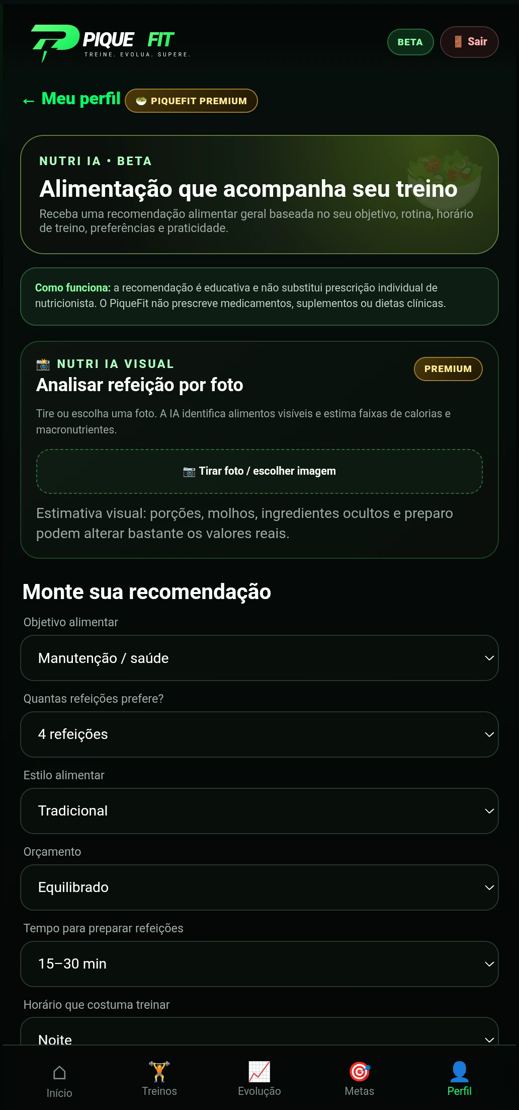 Print real da Nutri IA com sugestões alimentares e análise de refeição por foto